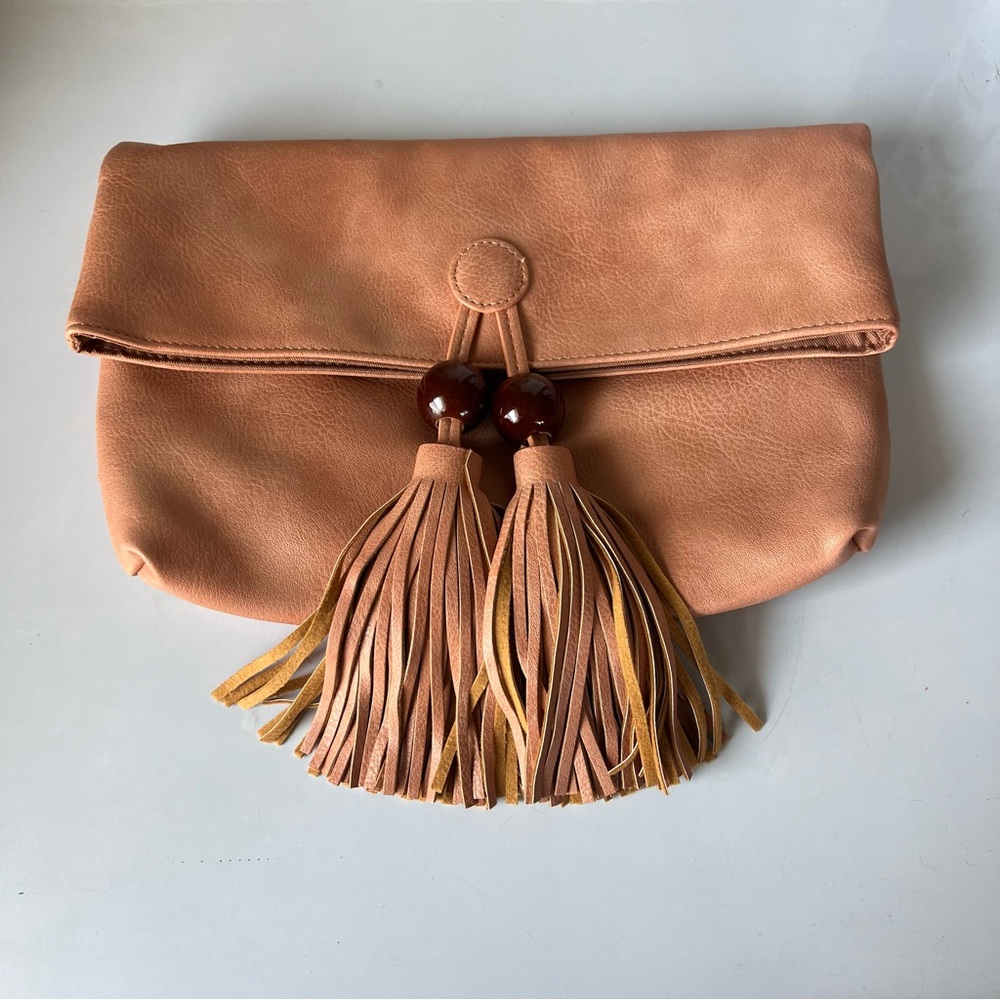 Elegant Tan Clutch with Tassels